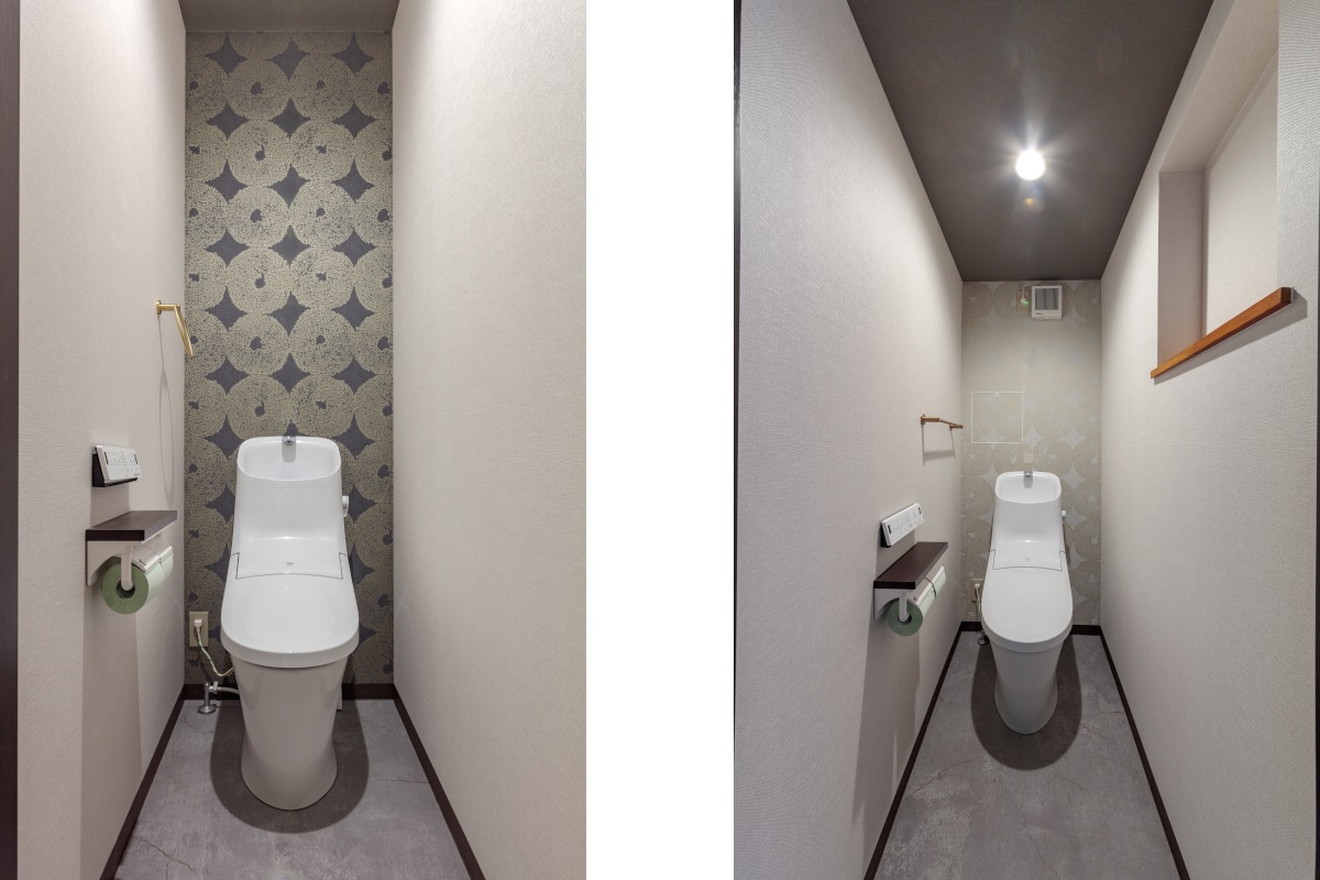 トイレは、ゴールドの大柄が印象的なクロスを色違いで取り入れて雰囲気の違いを楽しみました。